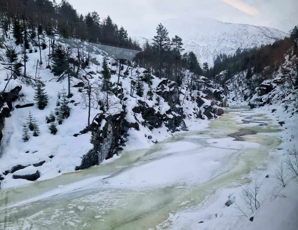 Besneeuwd landschap met bevroren rivier vanuit de Bergensbanen trein